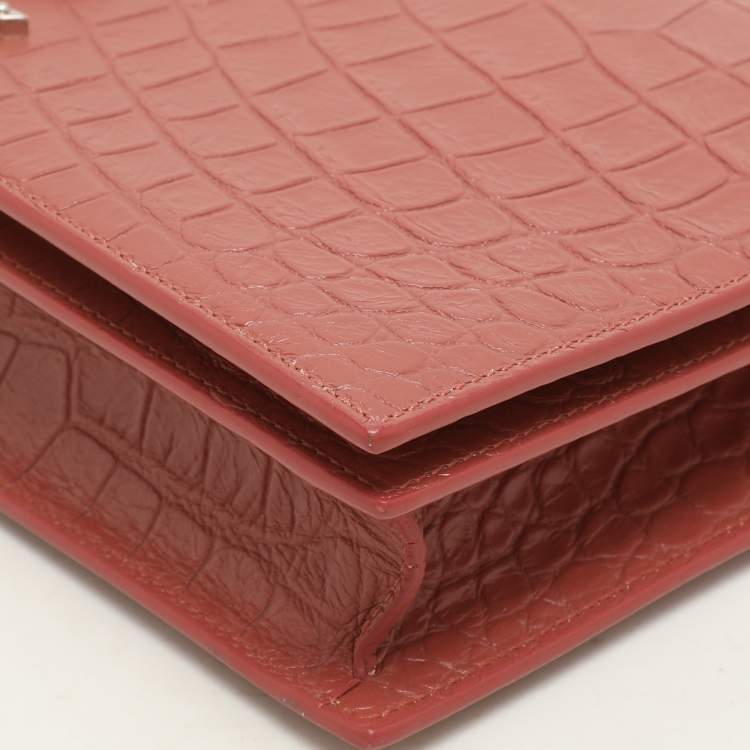 Pre Owned Saint Laurent Nude Rose Croc Embossed Leather Monogram Clutch 