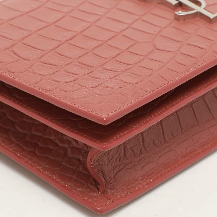 Pre Owned Saint Laurent Nude Rose Croc Embossed Leather Monogram Clutch 