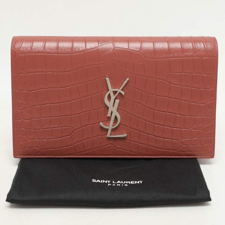 Pre Owned Saint Laurent Nude Rose Croc Embossed Leather Monogram Clutch 