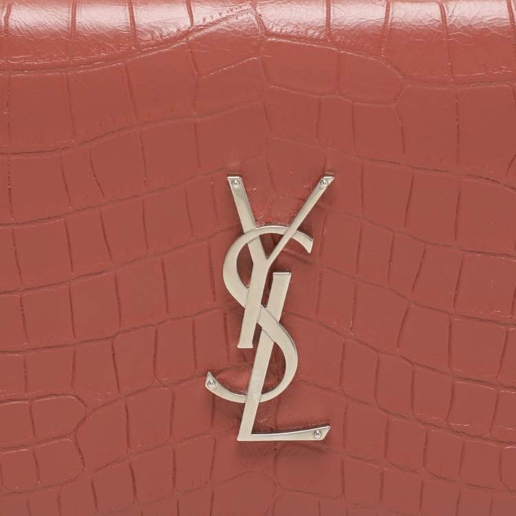 Pre Owned Saint Laurent Nude Rose Croc Embossed Leather Monogram Clutch 