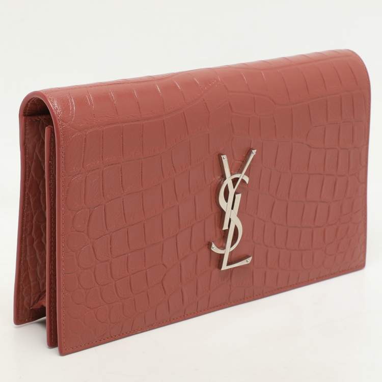 Pre Owned Saint Laurent Nude Rose Croc Embossed Leather Monogram Clutch 