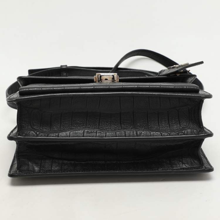Pre Owned Saint Laurent Black Croc Embossed Leather High School Top Handle Bag