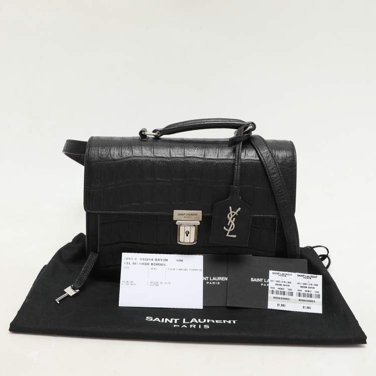 Pre Owned Saint Laurent Black Croc Embossed Leather High School Top Handle Bag
