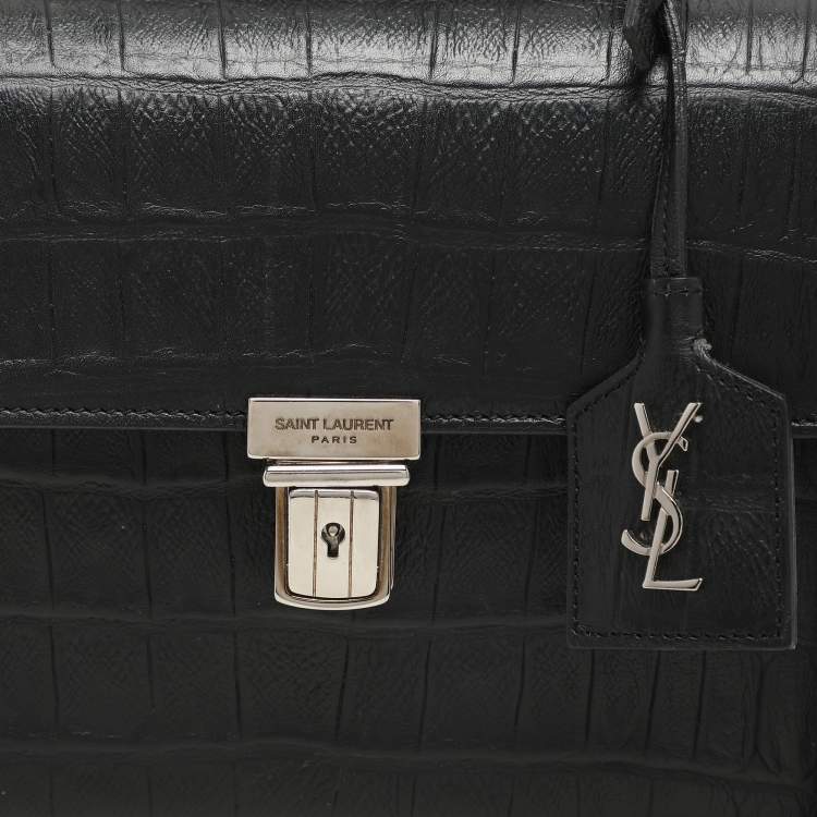 Pre Owned Saint Laurent Black Croc Embossed Leather High School Top Handle Bag