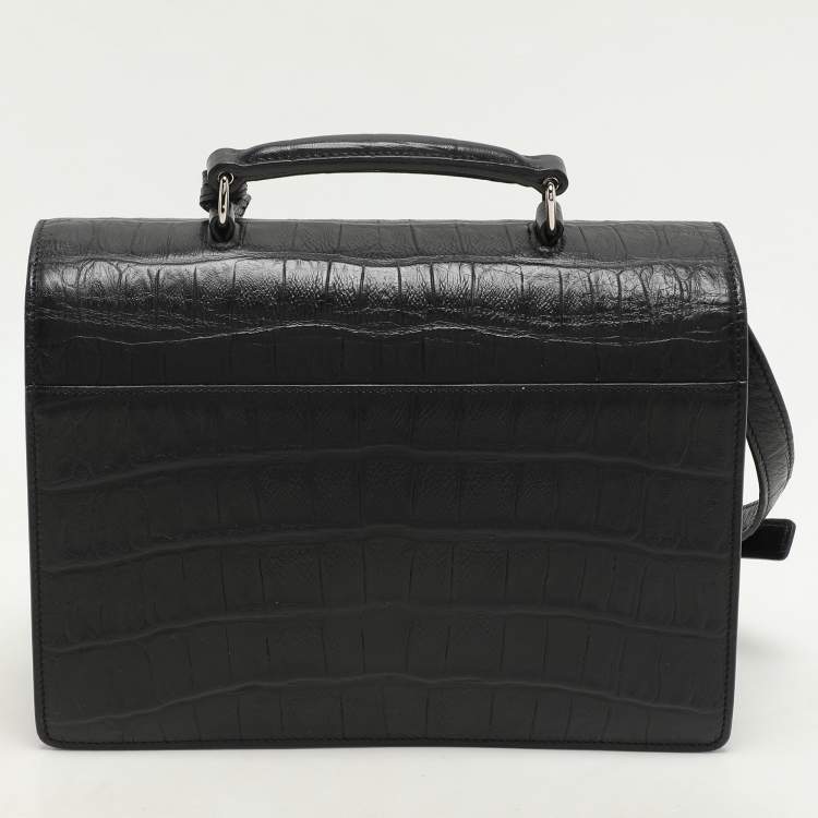 Pre Owned Saint Laurent Black Croc Embossed Leather High School Top Handle Bag