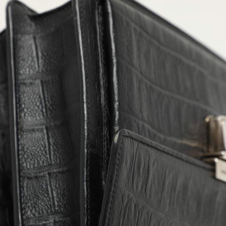 Pre Owned Saint Laurent Black Croc Embossed Leather High School Top Handle Bag