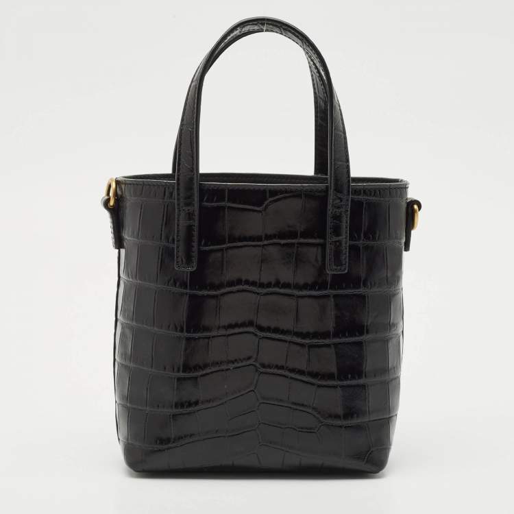 Pre Owned Saint Laurent Black Croc Embossed Leather Mini Toy Bucket Bag