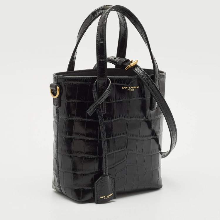 Pre Owned Saint Laurent Black Croc Embossed Leather Mini Toy Bucket Bag