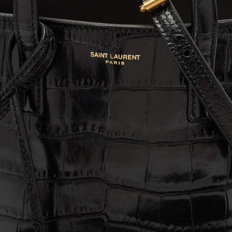 Pre Owned Saint Laurent Black Croc Embossed Leather Mini Toy Bucket Bag