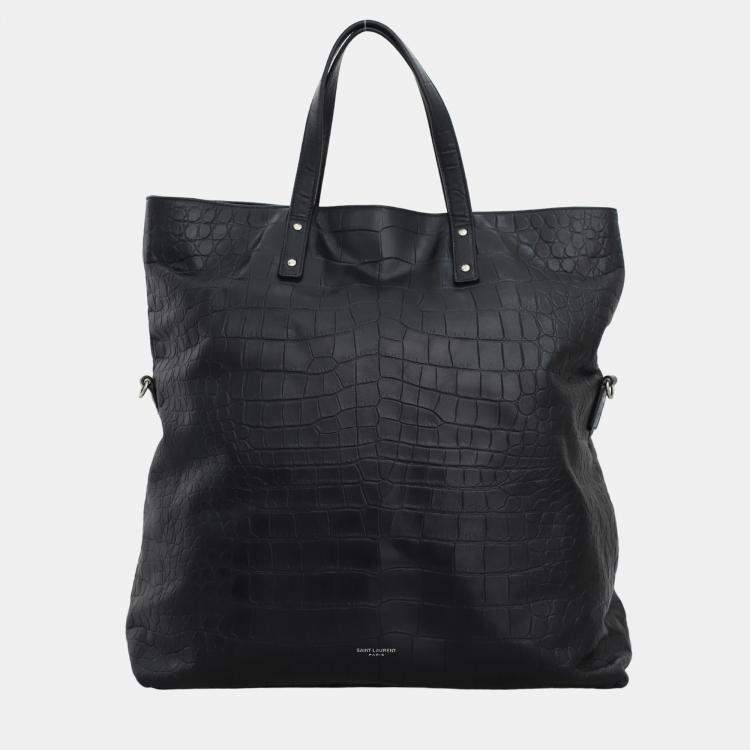 Pre Owned Saint Laurent Paris Black Crocodile Embossed Leather Tote Bag