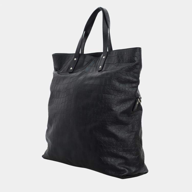 Pre Owned Saint Laurent Paris Black Crocodile Embossed Leather Tote Bag