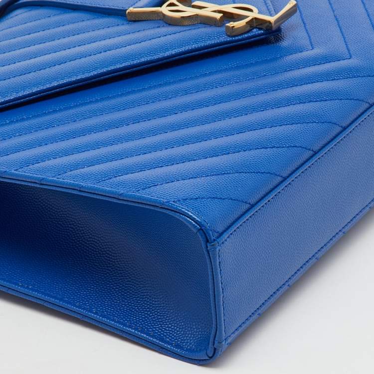 Pre Owned Saint Laurent Blue Matelassé Leather Large Monogram Envelope Shoulder Bag