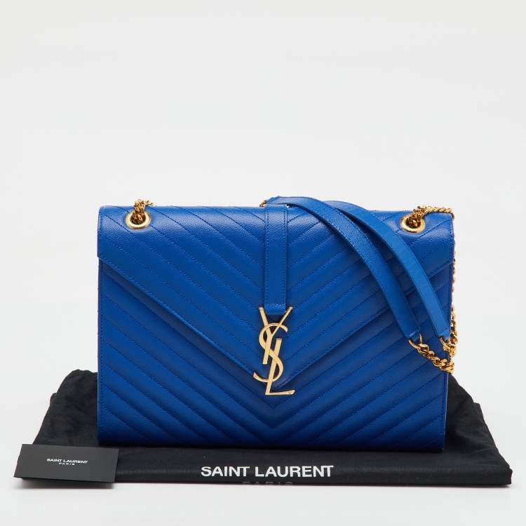 Pre Owned Saint Laurent Blue Matelassé Leather Large Monogram Envelope Shoulder Bag