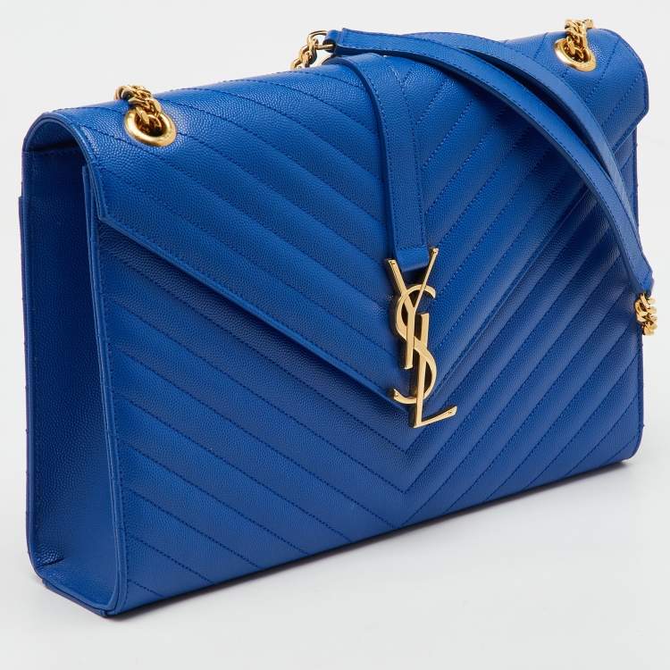 Pre Owned Saint Laurent Blue Matelassé Leather Large Monogram Envelope Shoulder Bag