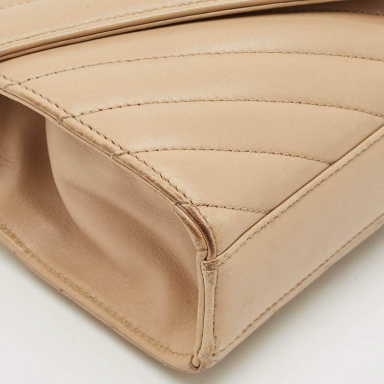 Pre Owned Saint Laurent Beige Chevron Leather Monogram Envelope Shoulder Bag
