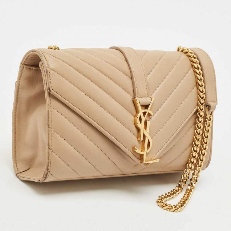 Pre Owned Saint Laurent Beige Chevron Leather Monogram Envelope Shoulder Bag