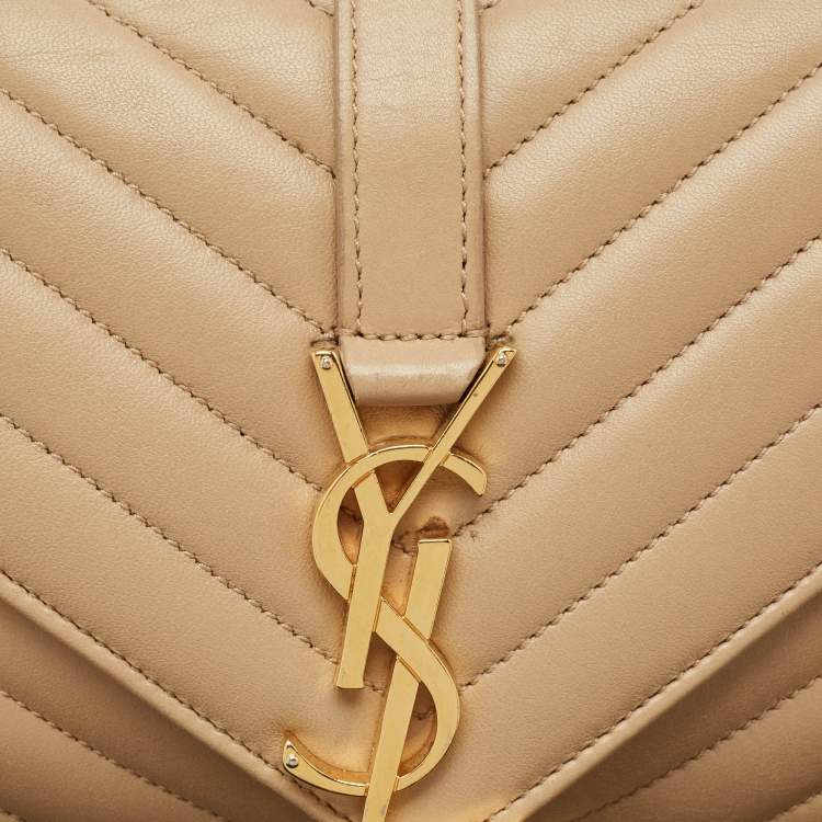 Pre Owned Saint Laurent Beige Chevron Leather Monogram Envelope Shoulder Bag