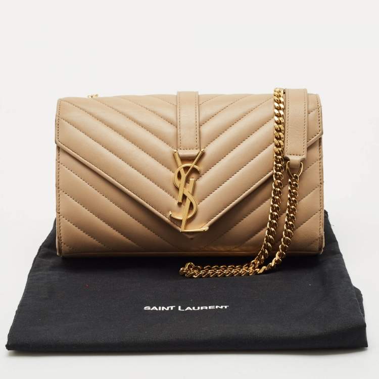 Pre Owned Saint Laurent Beige Chevron Leather Monogram Envelope Shoulder Bag