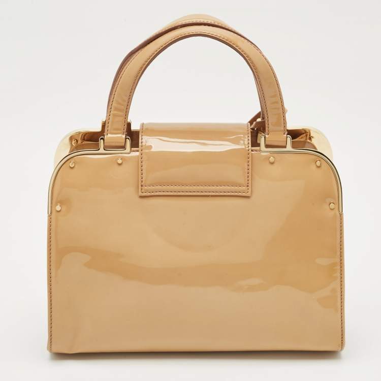 Pre Owned Saint Laurent Beige Patent Leather Uptown Frame Satchel