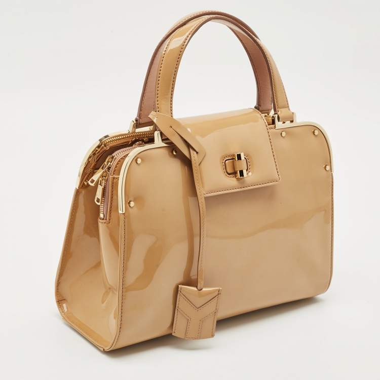 Pre Owned Saint Laurent Beige Patent Leather Uptown Frame Satchel
