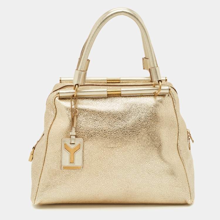 Pre Owned Saint Laurent Gold Textured Leather Medium Majorelle Bag