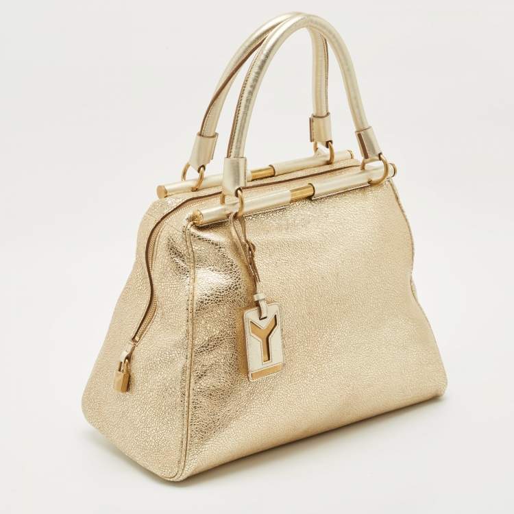 Pre Owned Saint Laurent Gold Textured Leather Medium Majorelle Bag