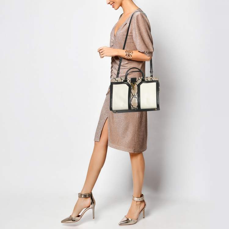 Pre Owned Saint Laurent Black/Beige Leather and Python Small Cabas Chyc Tote