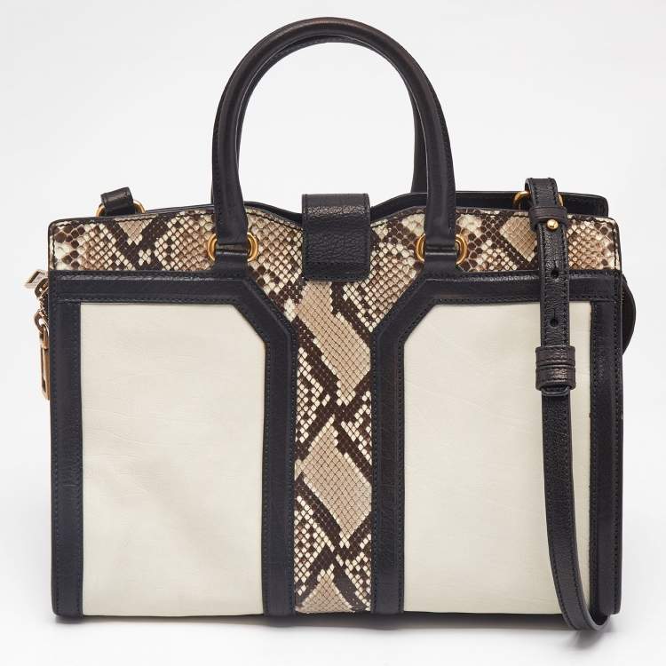 Pre Owned Saint Laurent Black/Beige Leather and Python Small Cabas Chyc Tote
