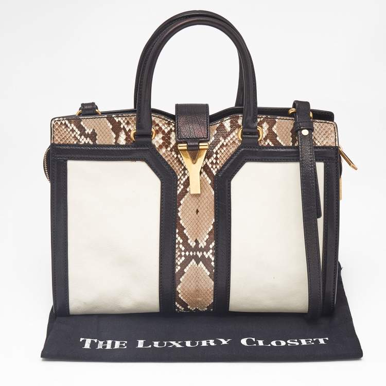 Pre Owned Saint Laurent Black/Beige Leather and Python Small Cabas Chyc Tote