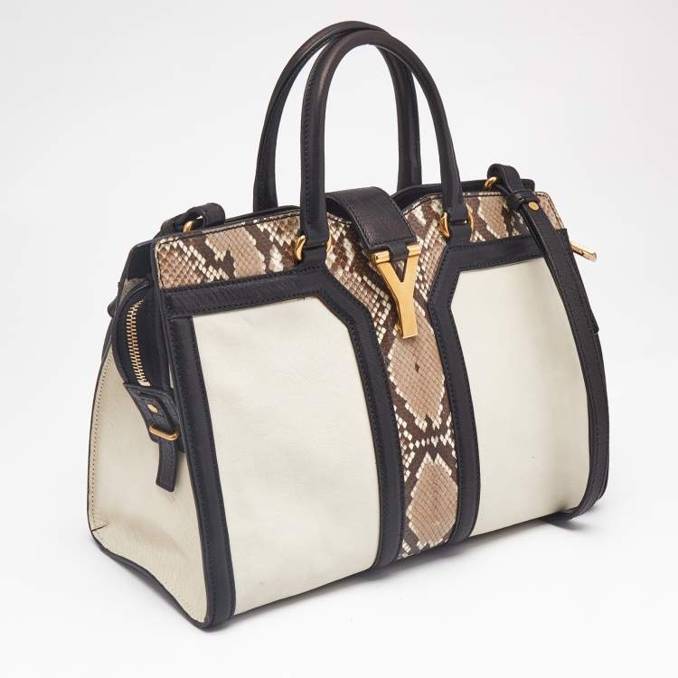 Pre Owned Saint Laurent Black/Beige Leather and Python Small Cabas Chyc Tote