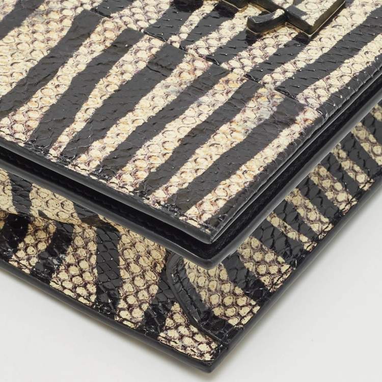 Pre Owned Saint Laurent Black/Cream Zebra Print Snakeskin Kate Strap Wallet
