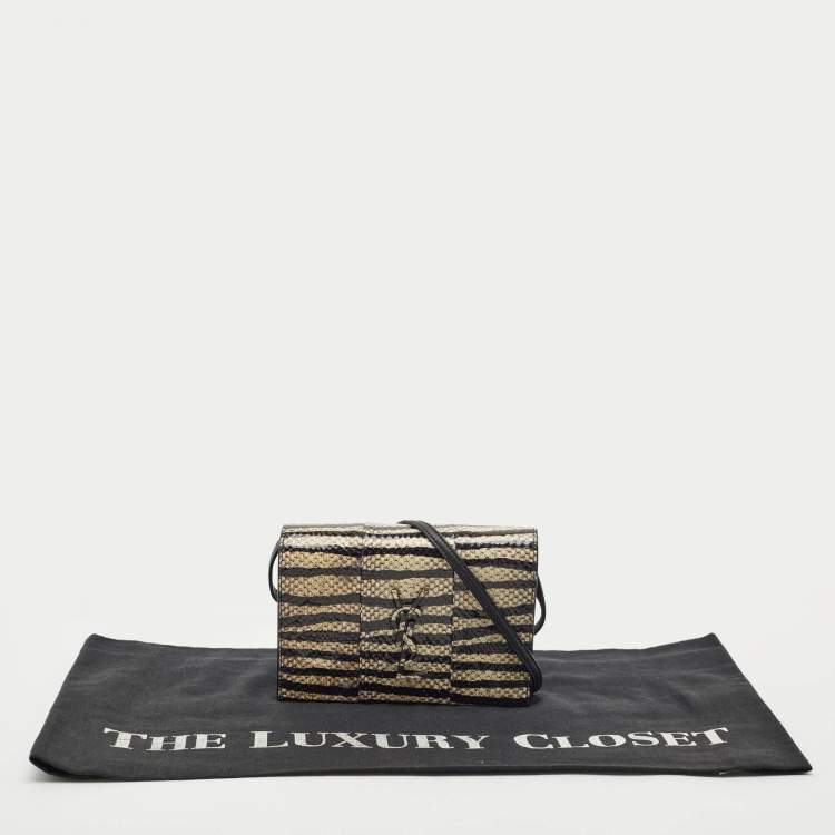 Pre Owned Saint Laurent Black/Cream Zebra Print Snakeskin Kate Strap Wallet