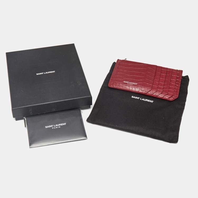 Pre Owned Saint Laurent Burgundy Croc Embossed Leather Zip Card Holder