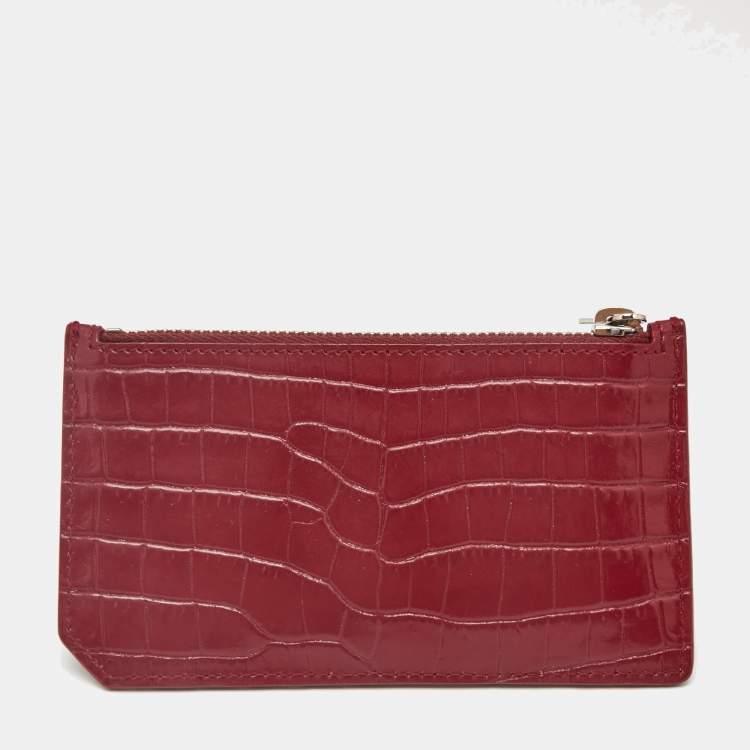 Pre Owned Saint Laurent Burgundy Croc Embossed Leather Zip Card Holder