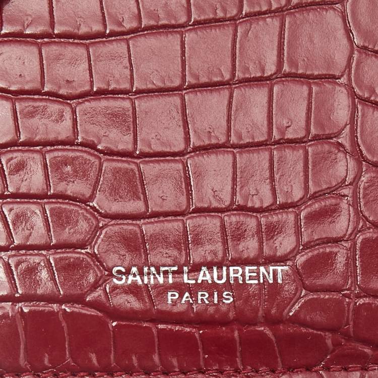 Pre Owned Saint Laurent Burgundy Croc Embossed Leather Zip Card Holder
