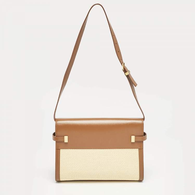 Pre Owned Saint Laurent Brown/Natural Raffia and Leather Manhattan Shoulder Bag