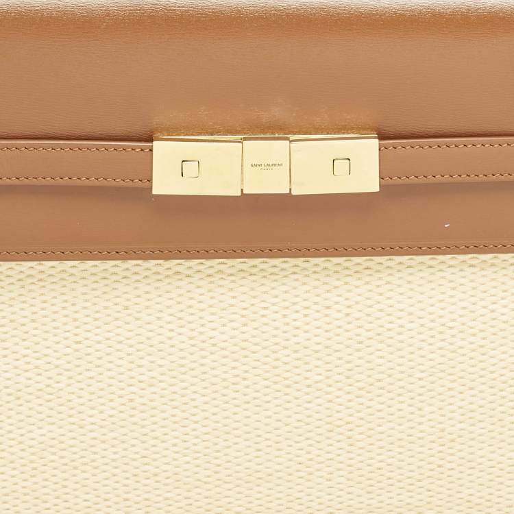 Pre Owned Saint Laurent Brown/Natural Raffia and Leather Manhattan Shoulder Bag