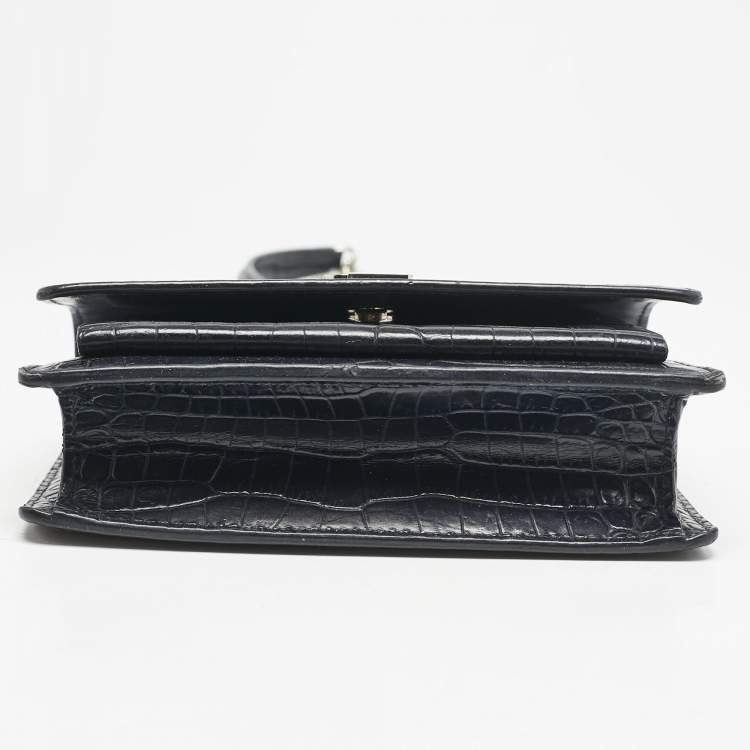 Pre Owned Saint Laurent Navy Blue Croc Embossed Leather Sunset Wallet On Chain