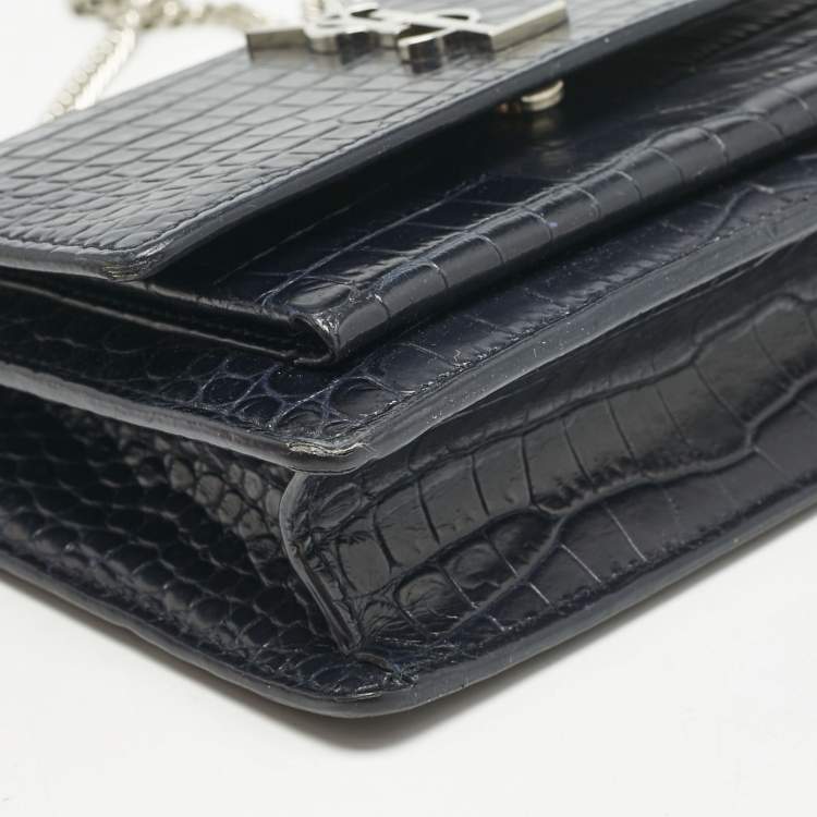 Pre Owned Saint Laurent Navy Blue Croc Embossed Leather Sunset Wallet On Chain