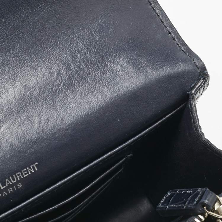 Pre Owned Saint Laurent Navy Blue Croc Embossed Leather Sunset Wallet On Chain