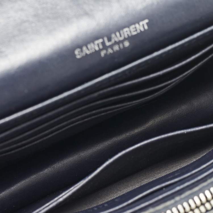 Pre Owned Saint Laurent Navy Blue Croc Embossed Leather Sunset Wallet On Chain