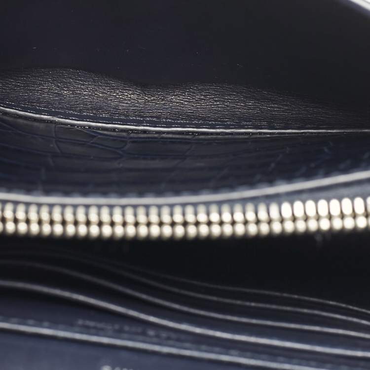 Pre Owned Saint Laurent Navy Blue Croc Embossed Leather Sunset Wallet On Chain