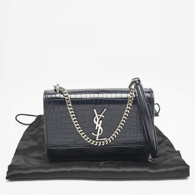 Pre Owned Saint Laurent Navy Blue Croc Embossed Leather Sunset Wallet On Chain