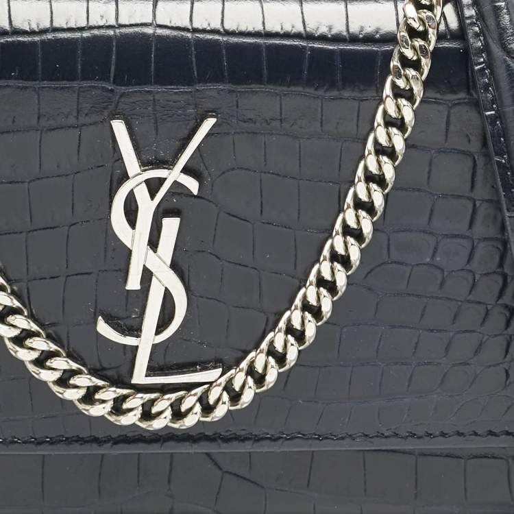 Pre Owned Saint Laurent Navy Blue Croc Embossed Leather Sunset Wallet On Chain