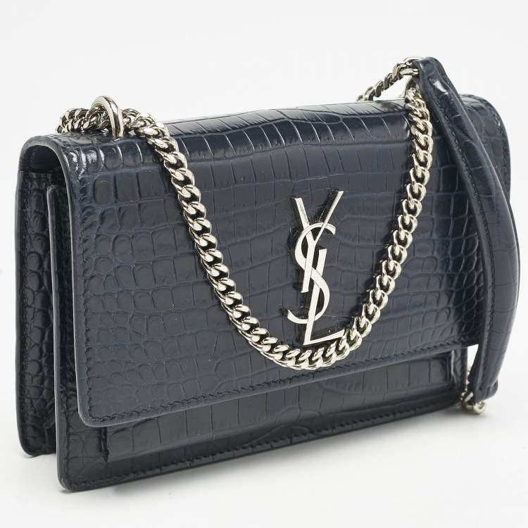 Pre Owned Saint Laurent Navy Blue Croc Embossed Leather Sunset Wallet On Chain