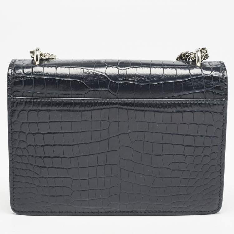 Pre Owned Saint Laurent Navy Blue Croc Embossed Leather Sunset Wallet On Chain