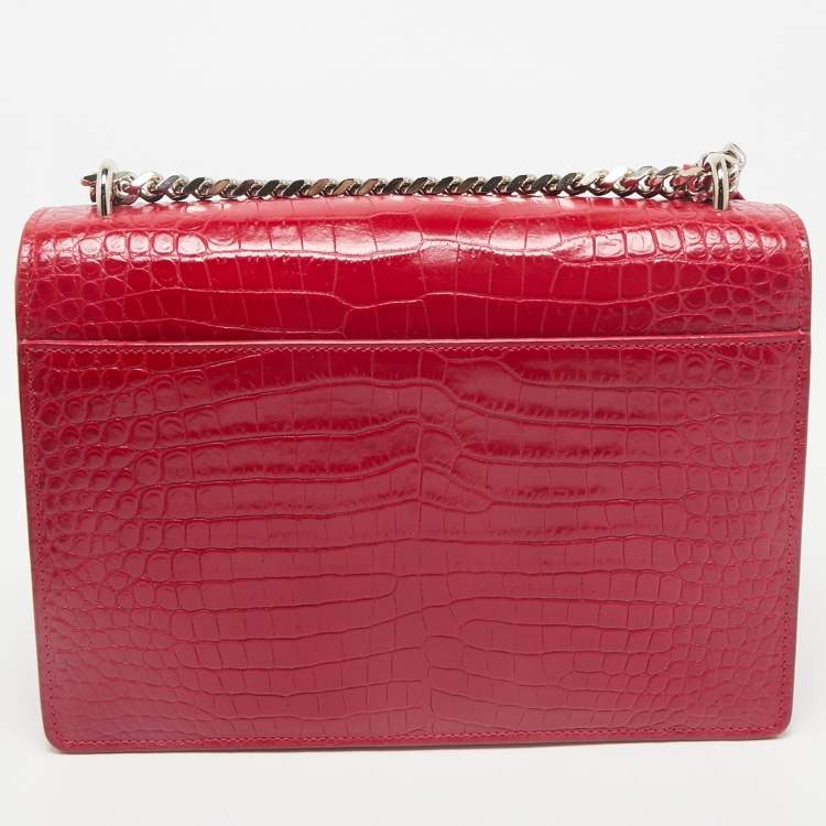 Pre Owned Saint Laurent Red Croc Embossed Leather Medium Sunset Shoulder Bag