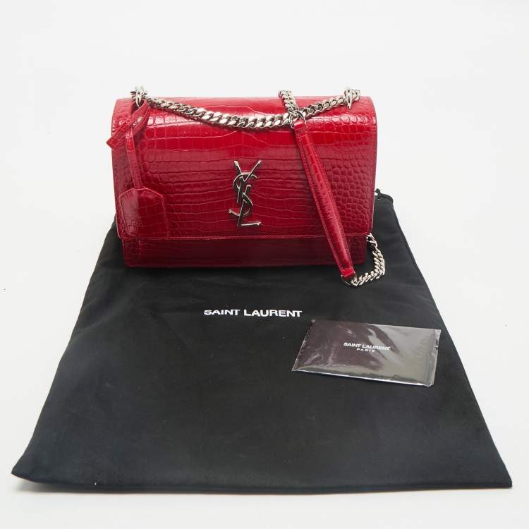 Pre Owned Saint Laurent Red Croc Embossed Leather Medium Sunset Shoulder Bag