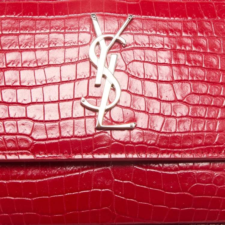 Pre Owned Saint Laurent Red Croc Embossed Leather Medium Sunset Shoulder Bag
