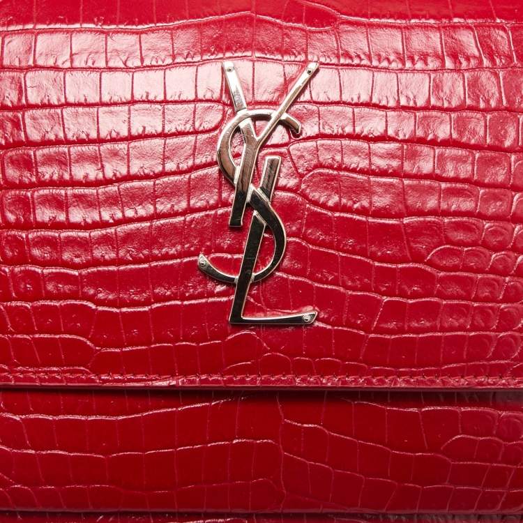 Pre Owned Saint Laurent Red Croc Embossed Leather Medium Sunset Shoulder Bag